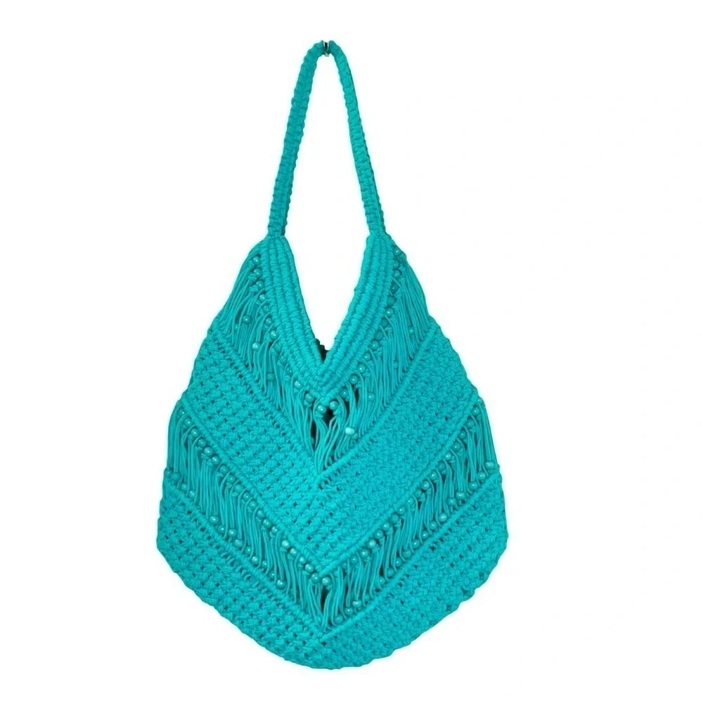 Macrame Shoulder Bag Aqua Beaded Boho Hippie Summer made in India